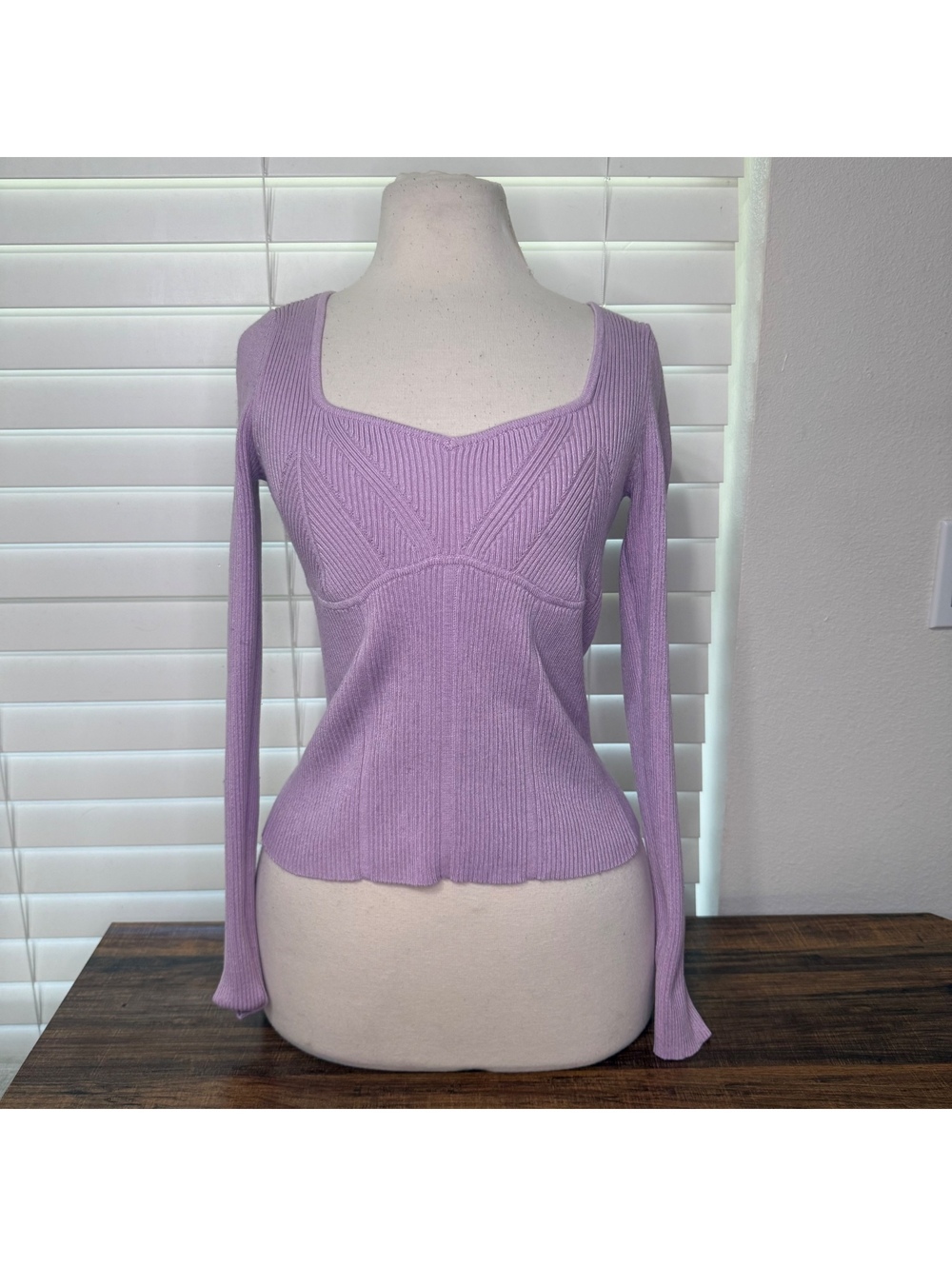 Pink Rose Lilac Ribbed Knit Long Sleeve Blouse Size S
